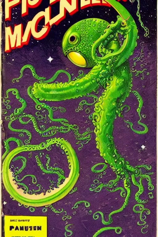 Prompt: pulp cover astronaut wielding a gun, green lunar surface, tentacle monster