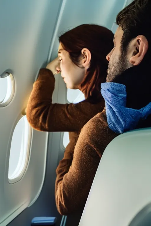 Prompt: passenger looking at window in airplane