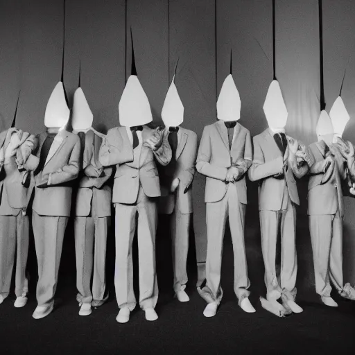 Image similar to conehead puppets wearing suits praying around a illuminated black cube, film grain