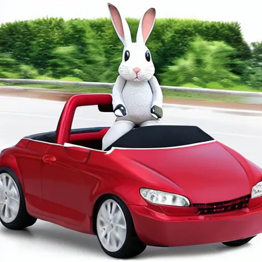 Image similar to bunny riding a convertible, studio photo, high quality