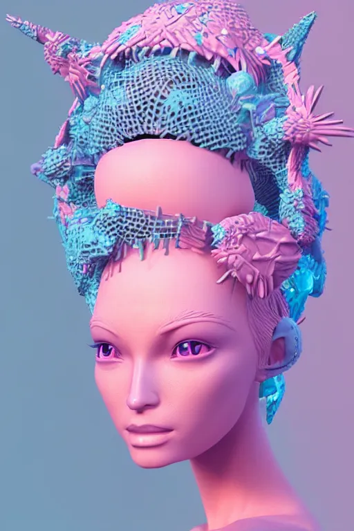 Image similar to epic 3 d sculpture of trans model, mesh headdress, 2 0 mm, with pastel pink and cerulean hextech bursting, melting smoothly into bulbasaur, delicate, beautiful, intricate, houdini sidefx, trending on artstation, by jeremy mann and ilya kuvshinov, jamie hewlett and ayami kojima