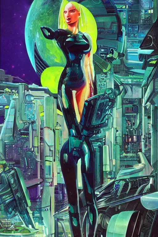 Image similar to attractive female android in feminine pose on a hyper-maximalist overdetailed retrofuturist scifi bookcover illustration from '70s. Inspired by vincent di fate. Biopunk, solarpunk style. Daytime