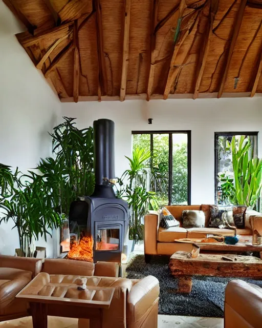 Prompt: cosy living room with fireplace and tropical plants