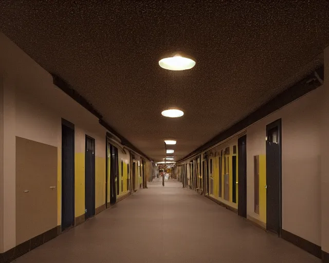 Image similar to a school corridor at night, night time, after hours, moonlight, colour