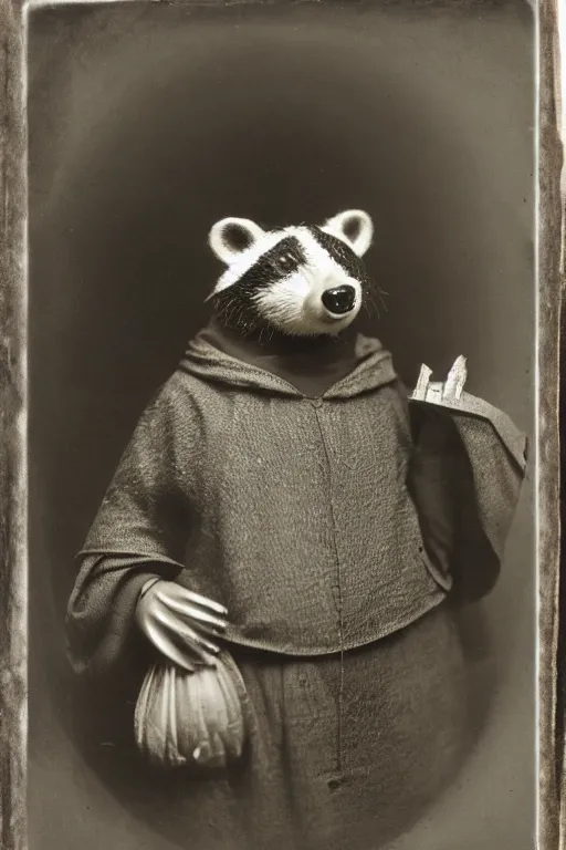 Prompt: a wet plate photo of an anthropomorphic badger as a friar