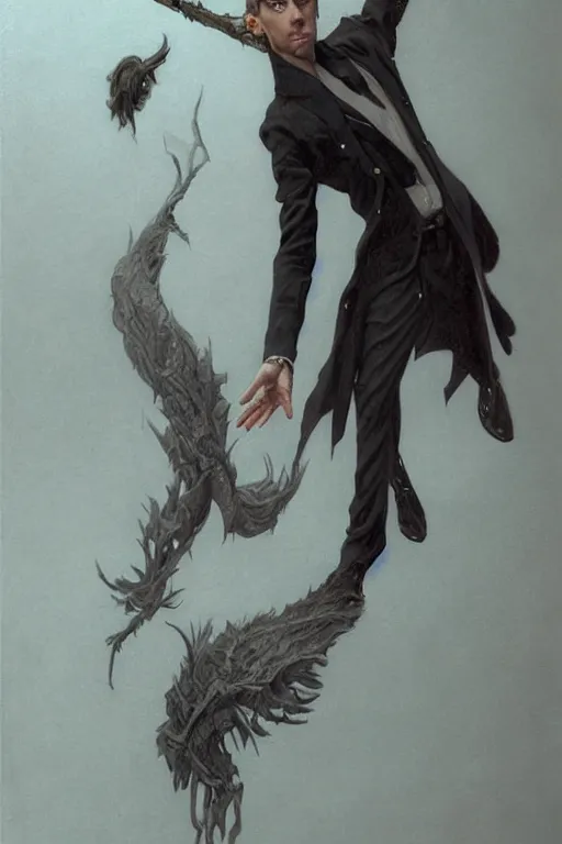 Prompt: skinny male magician, long dark hair, 1 9 2 0 s, elegant, highly detailed, intricate, smooth, sharp focus, artstation, digital paining, concept art, art by donato giancola, greg rutkowski, cedric peyravernay, valentina remenar