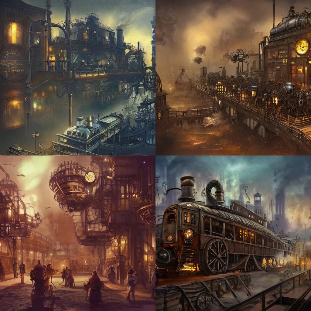 Prompt: Steamcity, steampunk, beautiful, city, concept art, drawing, fantasy, 4K, UHD, High quality, Trending on Artstation HQ