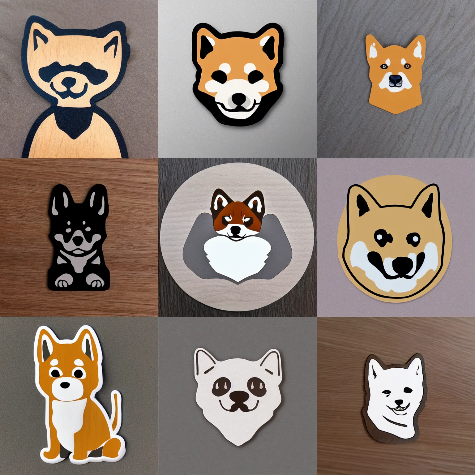 Prompt: cartoon die cut sticker of shiba inu puppy face on lilght gray wood