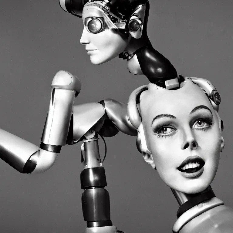 Image similar to 1950s future prediction of an artificially intelligent robot fashion model with stunning eyes smiling at the camera, award winning portrait photo by Annie Leibovitz, super detailed sigma 1.8 55mm boekin