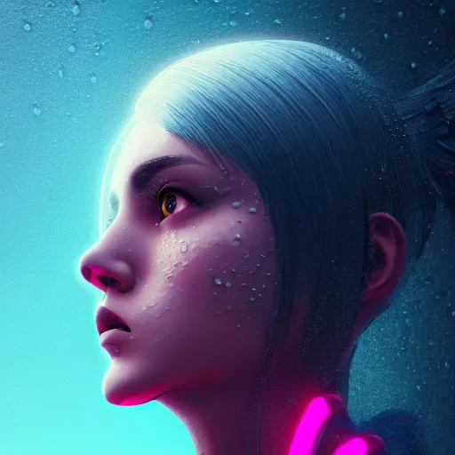 Image similar to anime woman portrait made out of rain, beautiful, stylish suit, cyberpunk background, neon, rendered in octane, unreal engine, matte painting, sharp focus, trending on artstation, futuristic, space