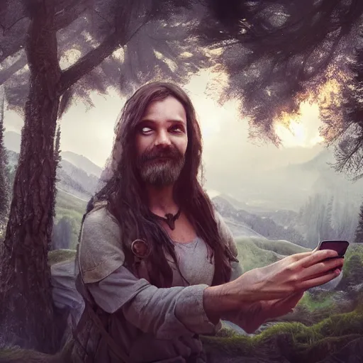 Image similar to human druid in the woods taking a selfie smiling, beautiful light, mountains, nature, animals, nature magic, fantasy book, d & d, high detail, 8 k, octane render painting, dark fantasy