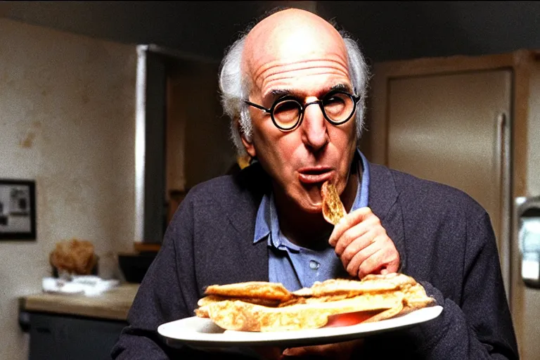 Prompt: larry david eating a sandwich, horror film still, dark atmosphere, found footage, nightmare, unsettling, cinematic