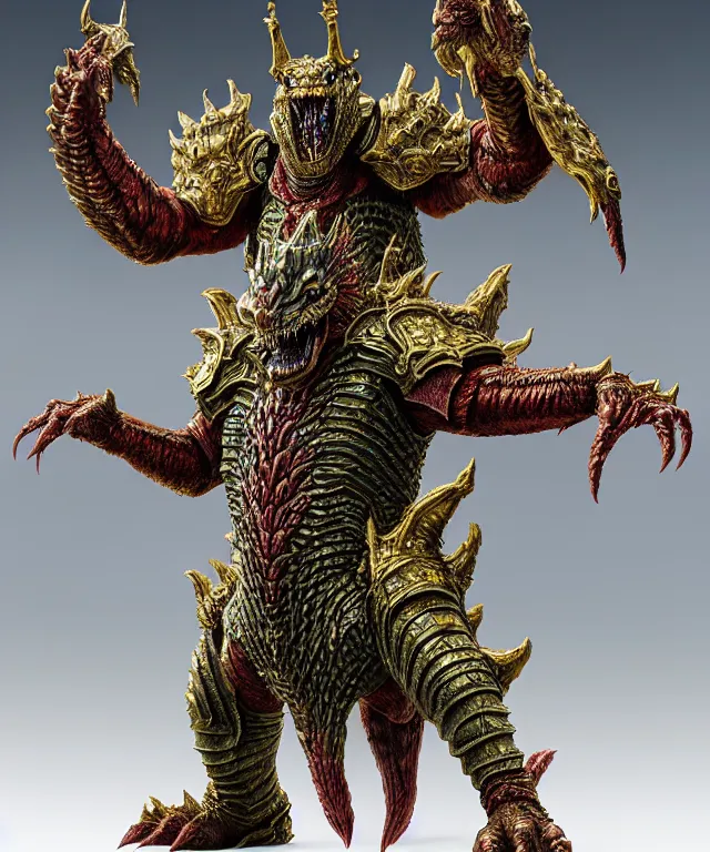 Image similar to hyperrealistic rendering, epic boss fight, ornate king emporer jewel crown war armor battle, kaiju beast god, by art of skinner and richard corben, product photography, collectible action figure, sofubi