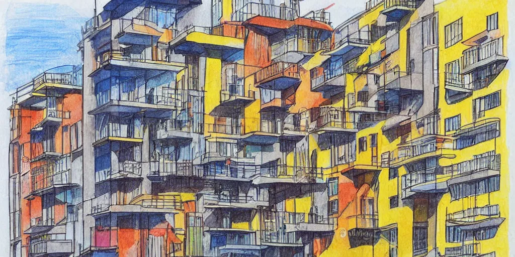 Prompt: painting. bauhaus style. buildings with balconies. junction in dizingof center in tel aviv. highly detailed. pen drawing painted with watercolors. colorful. low buildings. palm trees. fluffy