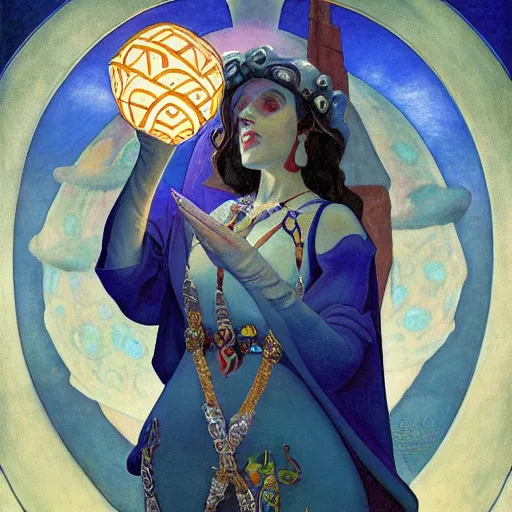 Prompt: queen of the moon with her lantern and regalia, by donato giancola and nicholas roerich, and diego rivera, and leo and diane dillon, symbolist, tattoos, dramatic lighting, elaborate geometric ornament, art brut, god rays, soft cool colors, smooth, sharp focus, extremely detailed