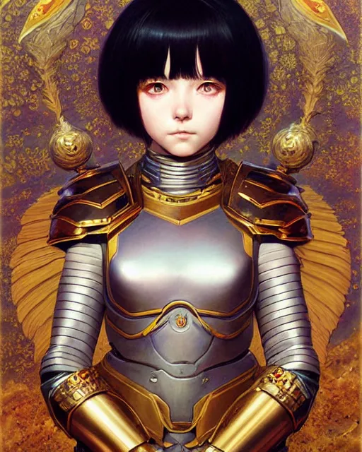 Image similar to portrait of beautiful cute young maiden girl with short white hairs in warhammer armor, art by ( ( ( kuvshinov ilya ) ) ) and wayne barlowe and gustav klimt and artgerm and wlop