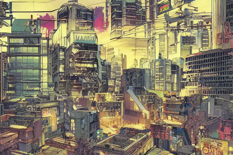 Prompt: full page comic book drawings of cyberpunk apocalyptic office scenes, bold color palette, high contrast, by carel willink and gregory crewdson, moebious, jean giraud, comic book panels, octane render, beserk anime