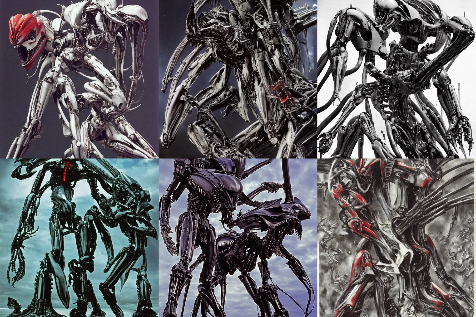 Prompt: xenomorph as mecha, evangelion. by h. r. giger and ernst haas.