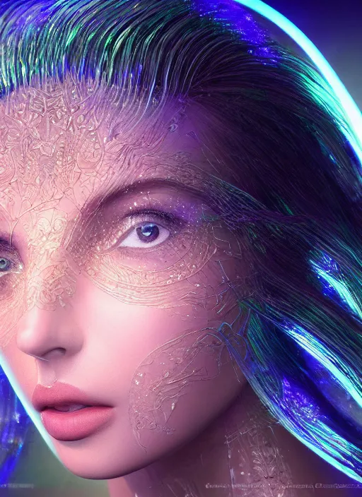 Prompt: beauteous goddess sumptuous face, with incredible iridescent pearlescent voluminous fluorescent neon laser beam hair, delicate crystalline masterpiece incrustations, by h. r. giger, hyperdetailed face, elegant pose, movie still, intricate, octane render, cinematic forest lighting, unreal engine, crepuscular rays, god rays