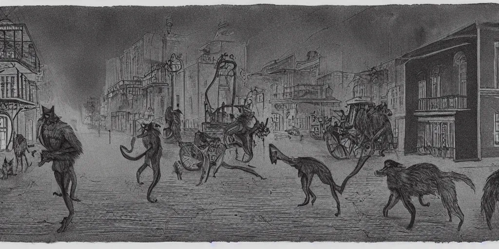 Image similar to a werewolf loose on the gaslit streets of New Orleans at night