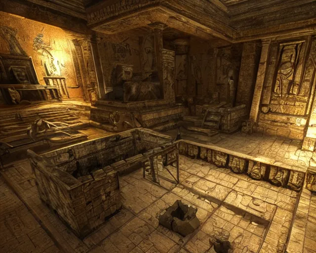 Image similar to screenshot of tomb raider ps 5, an ancient undiscovered egyptian treasure room entirely made of shiny gold, full of ingots and gems and precious, concept art, architecture design, pyramids style, rtx, nvidia, renderer