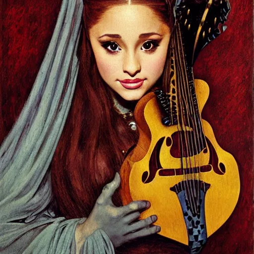 Prompt: half length portrait of ariana grande as a bard playing the mandolin, d & d, medieval, fantasy, giger, royo, klimt, miro, vallejo, frazetta, alphonse mucha, greg rutkowski, whealan