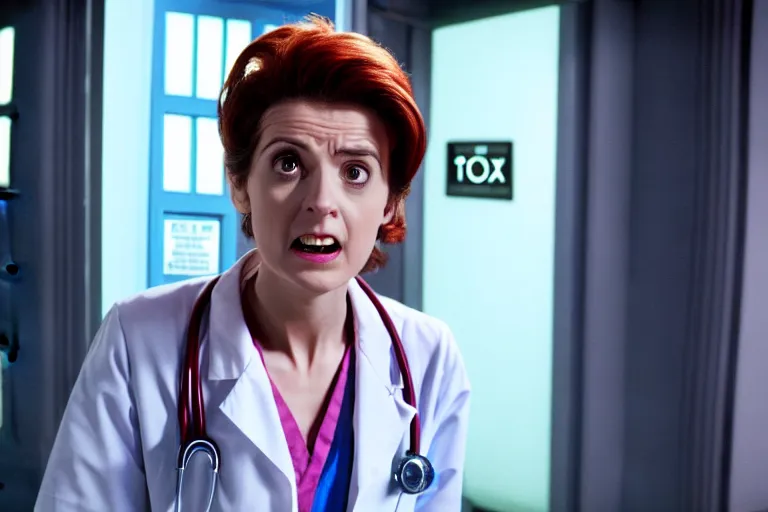 Image similar to doctor who, woman as a mad dentist in the tardis