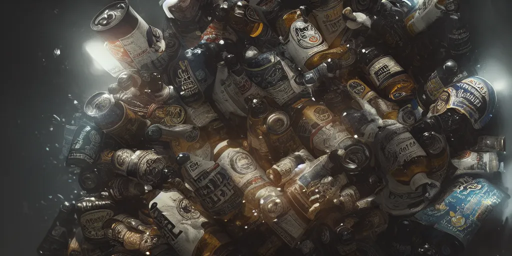 Image similar to diapers and bottles of beer, dim volumetric lighting, 8 k octane beautifully detailed render, post - processing, extremely hyper - detailed, intricate, epic composition, cinematic lighting, masterpiece, trending on artstation, detailed detailed detailed, masterpiece, stunning art, wonderful masterpiece, beautiful cinematic light