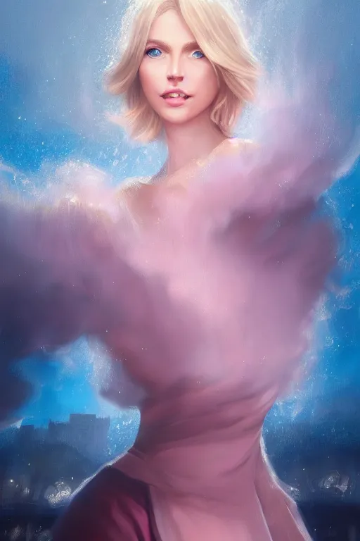 Image similar to detailed portrait of a beautiful blonde haired woman with sparkling blue eyes, elegant, blue cotton dress, background is a fountain in the park, in the style of peter mohrbacher, artgerm, dramatic lighting and composition, pink fog background, octane render, trending on artstation, concept art 8 k