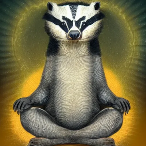 Prompt: Image of a badger attaining enlightenment, highly detailed