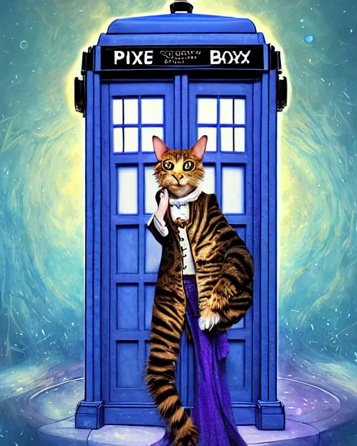 Image similar to anthropomorphic art of a timelord cat inside tardis, victorian inspired clothing by artgerm, victo ngai, ryohei hase, artstation. fractal papersand books. highly detailed digital painting, smooth, global illumination, fantasy art by greg rutkowsky, karl spitzweg, doctor who