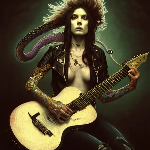 Prompt: portrait painting of a punk snake bard with a guitar, ultra realistic, concept art, intricate details, eerie, highly detailed, photorealistic, octane render, 8 k, unreal engine. art by artgerm and greg rutkowski and charlie bowater and magali villeneuve and alphonse mucha