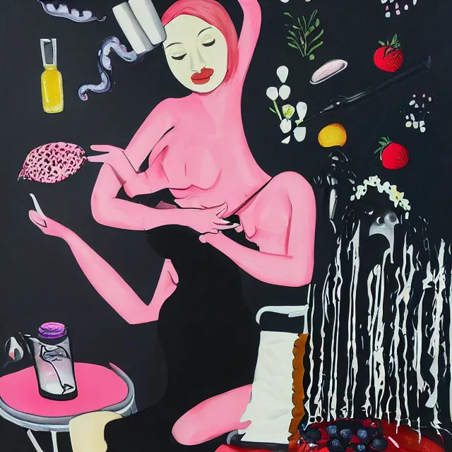 Prompt: a portrait in a female artist's bedroom, black walls, emo girl riding an inflatable flamingo, sheet music, berries, surgical supplies, pancakes, black flowers, sensual, octopus, neo - expressionism, surrealism, acrylic and spray paint and oilstick on canvas