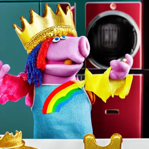 Image similar to rainbow pig wearing a gold crown as a Muppet cooking on stove 8k