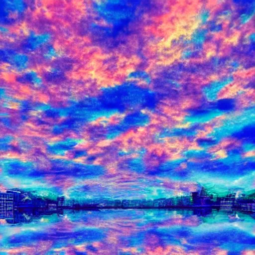 Prompt: amsterdam with psychedelic clouds in the year 2 1 4 5. 4 k sunset blue pink purple