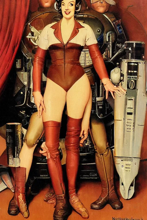 Image similar to 5 0 s pulp scifi fantasy illustration full body portrait slim mature woman in leather spacesuit in room, by norman rockwell, roberto ferri, daniel gerhartz, edd cartier, jack kirby, howard v brown, ruan jia, tom lovell, frank r paul, jacob collins, dean cornwell, astounding stories, amazing, fantasy, other worlds