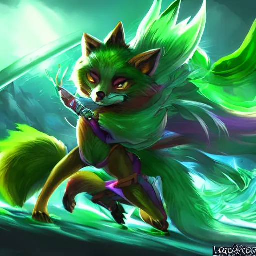 Prompt: green, colored fox, league of legends splash art