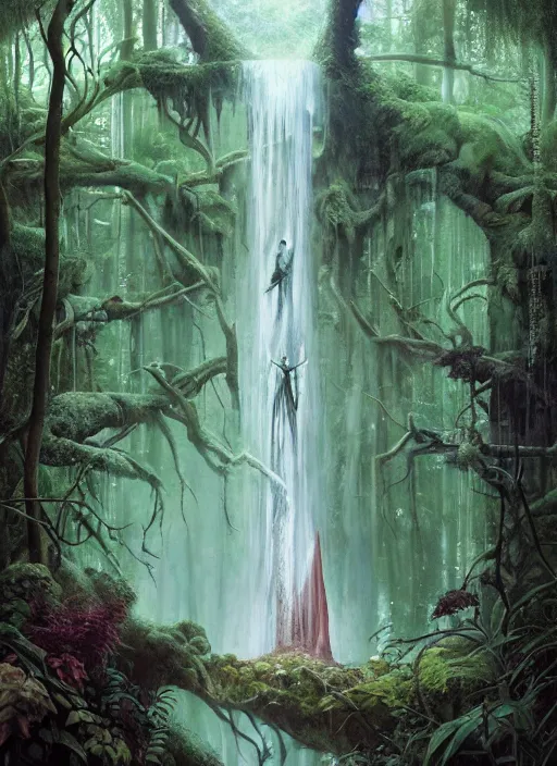 Image similar to a hyper realistic architectural witch shrine under a waterfall in the woods, gorgeous lighting, lush forest foliage, painting by chiara bautista and tom bagshaw, muca beksinski and norman rockwell and greg rutkowski weta studio, and lucasfilm