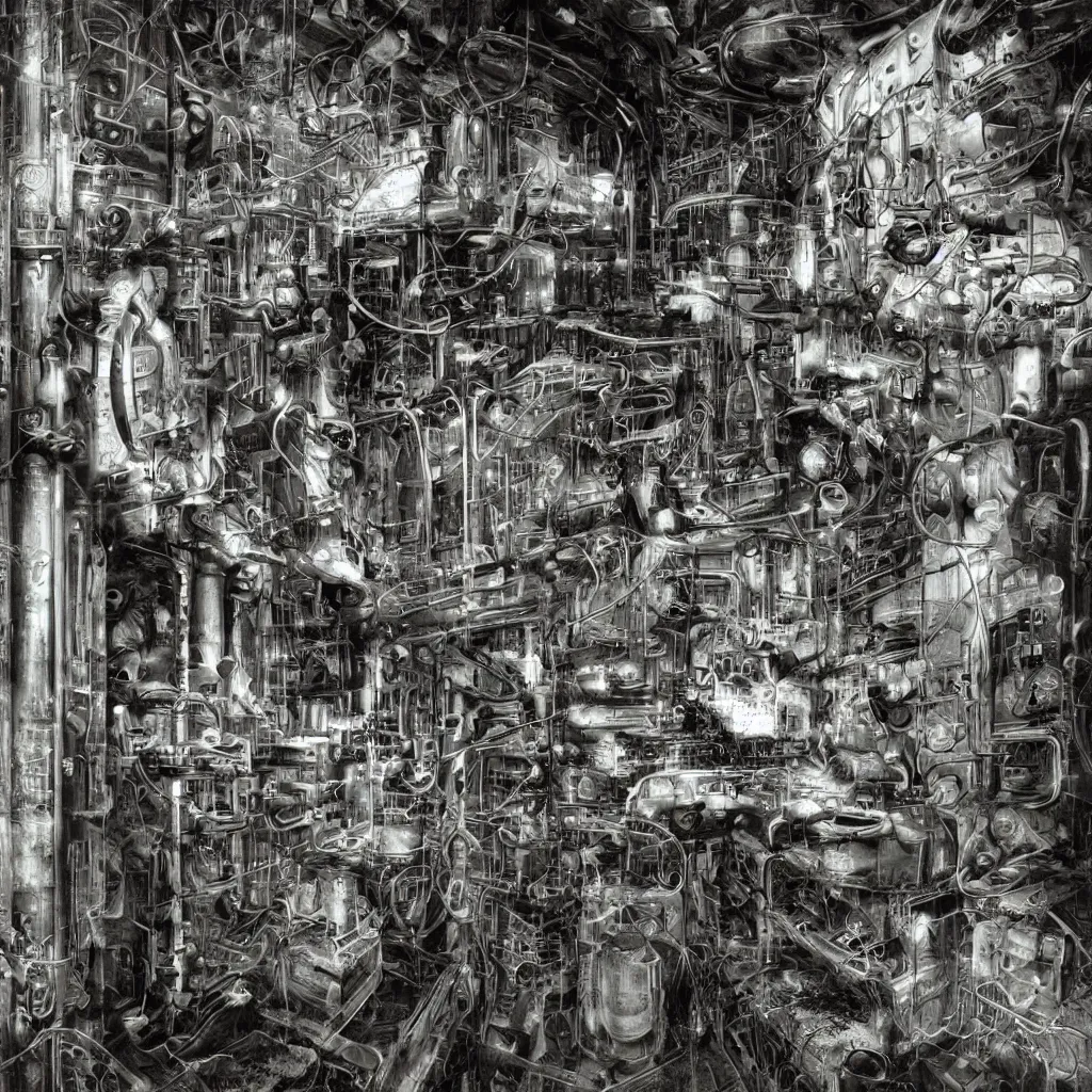 Image similar to abandoned research facility - first - generation vacuum - tube computers - technological relics of early 2 0 th century - enigma - high resolution - dark atmosphere - retrofuturistic - detailed artwork - by hans giger