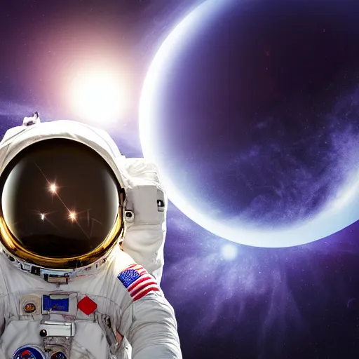 Prompt: Hyper Realistic Physchedlic Astronaut in space with a Solar Eclipse in the foreground.