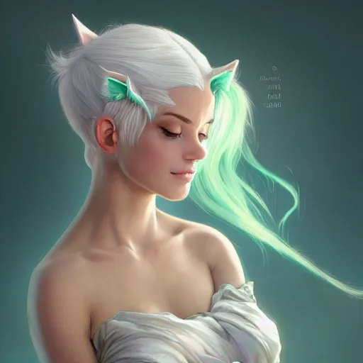 Image similar to ultra realistic illustration, dream girl with white hair, with light green eyes, with cat ears, in a sundress, intricate, elegant, highly detailed, digital painting, artstation, concept art, smooth, sharp focus, illustration, art by artgerm and greg rutkowski and alphonse mucha