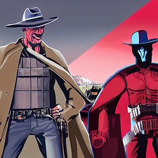 Image similar to duel between cad bane and clint eastwood on the vallecas bridge