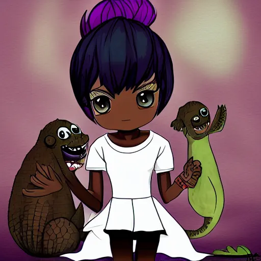 Image similar to Dark skinned girl pets Chibi Godzilla, digital art