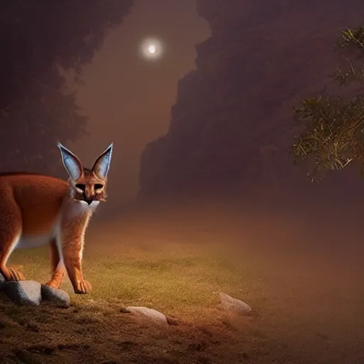 Image similar to a cinematic shot of a serene landscape with a mystical cute caracal, by james jean and pascal blanche, at dawn, volumetric light, illuminated by glowing orbs