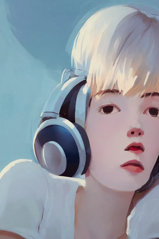 Prompt: a medium close-up of cute young woman lying in a ball chair listening to music with her eyes closed and wearing headphones, white bob cut hair, freckles, cozy setting, blue and white, warm lighting, cinematic, moody, nier automata, poster, oil on canvas, in the style of Ilya Kuvshinov, Krenz Cushart, Range Murata, Eero Aarnio, 8k