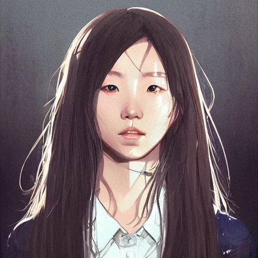 Image similar to portrait of a korean schoolgirl with long hair and bangs, angular features, an angry expression, dramatic lighting, anime illustration by Greg rutkowski, yoji shinkawa, 4k, digital art, concept art, trending on artstation, アニメ, featured on pixiv