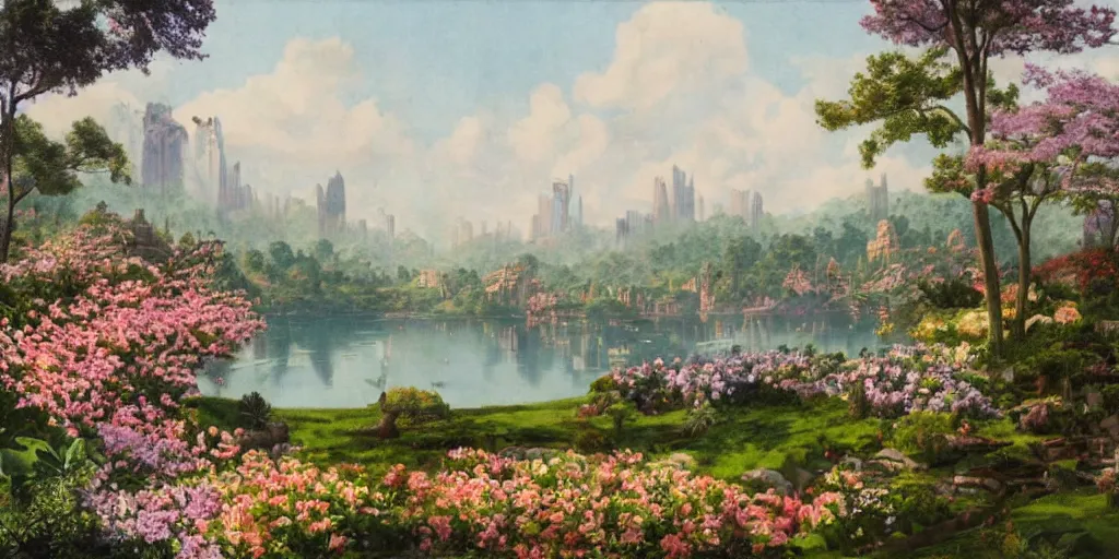 Image similar to establishing matte painting of a utopian city designed by frank lloyd wright in spring, flowers, trees, lake