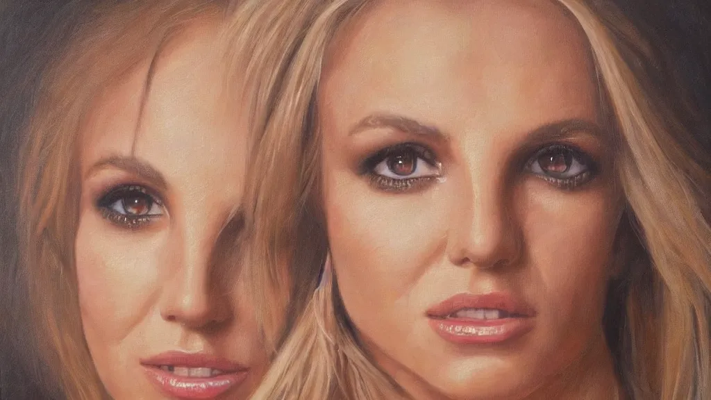 Image similar to A portrait painting of britney spears; the most beautiul painting in the world; trending on artstation; oil on canvas; correct face; correct eyes; anatomically correct; extraordinary masterpiece!!!!!!; 8k