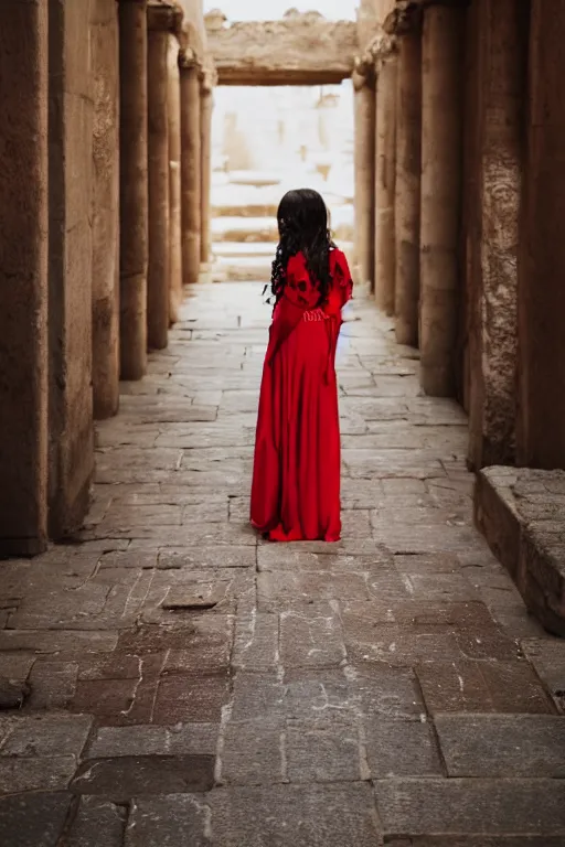 Prompt: Portrait of a girl in a long red gown with floral print black hair and blue eyes standing in an ancient city. Photography, Nikon, Cannon, Cinematic colour grading, 35mm, f/1.4