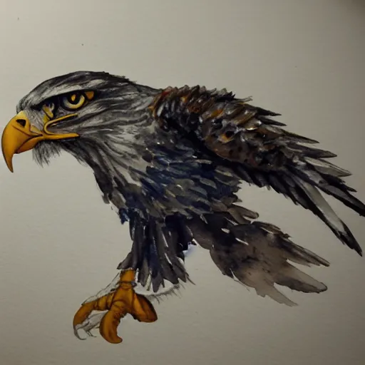 Prompt: A watercolor painting of a cyborg eagle, glowing eyes